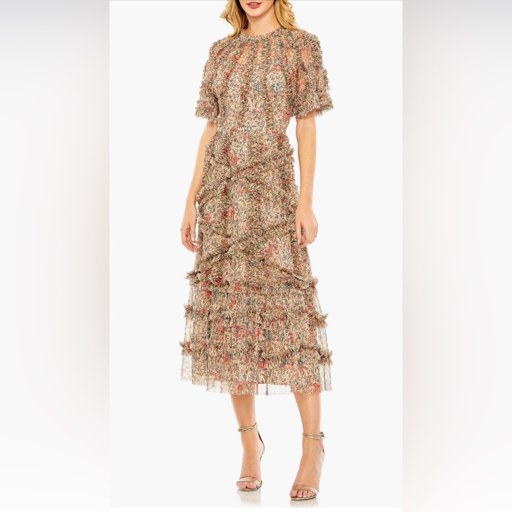 Mac Duggal Floral Flutter Sleeve Ruffle Mesh A-Line Dress